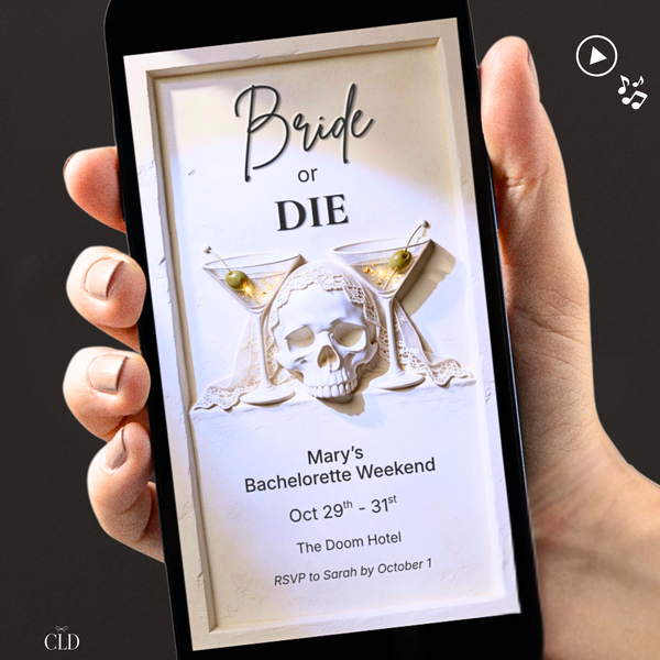 Halloween Bachelorette Animated Evite - Bride or Die Video Invitation (Editable Canva Template) Skull Martini Hen Weekend