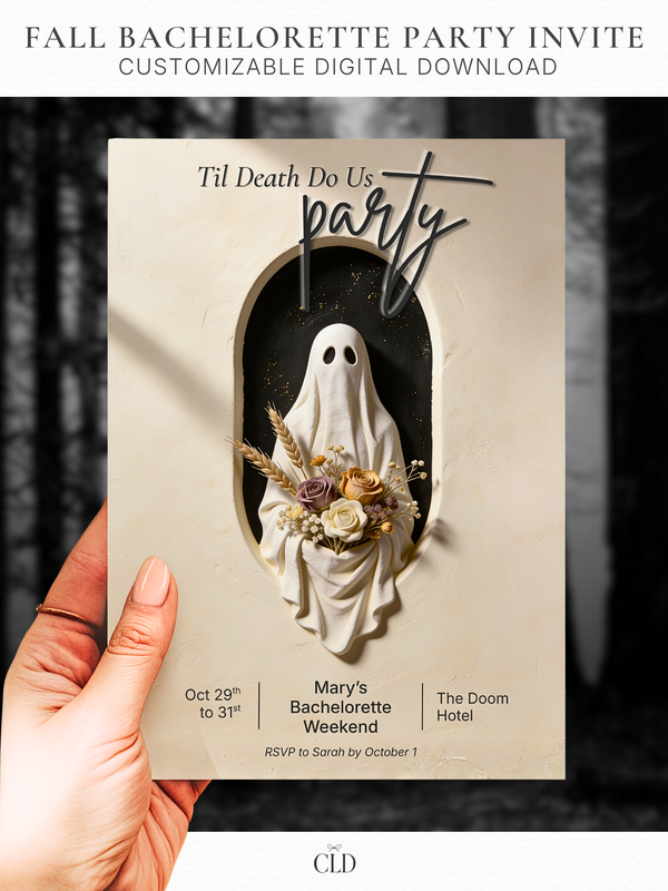 Halloween Bachelorette Invitation Printable - Til Death Do Us Party (Editable Canva Template) Spooky Hen Weekend Invite, 5x7