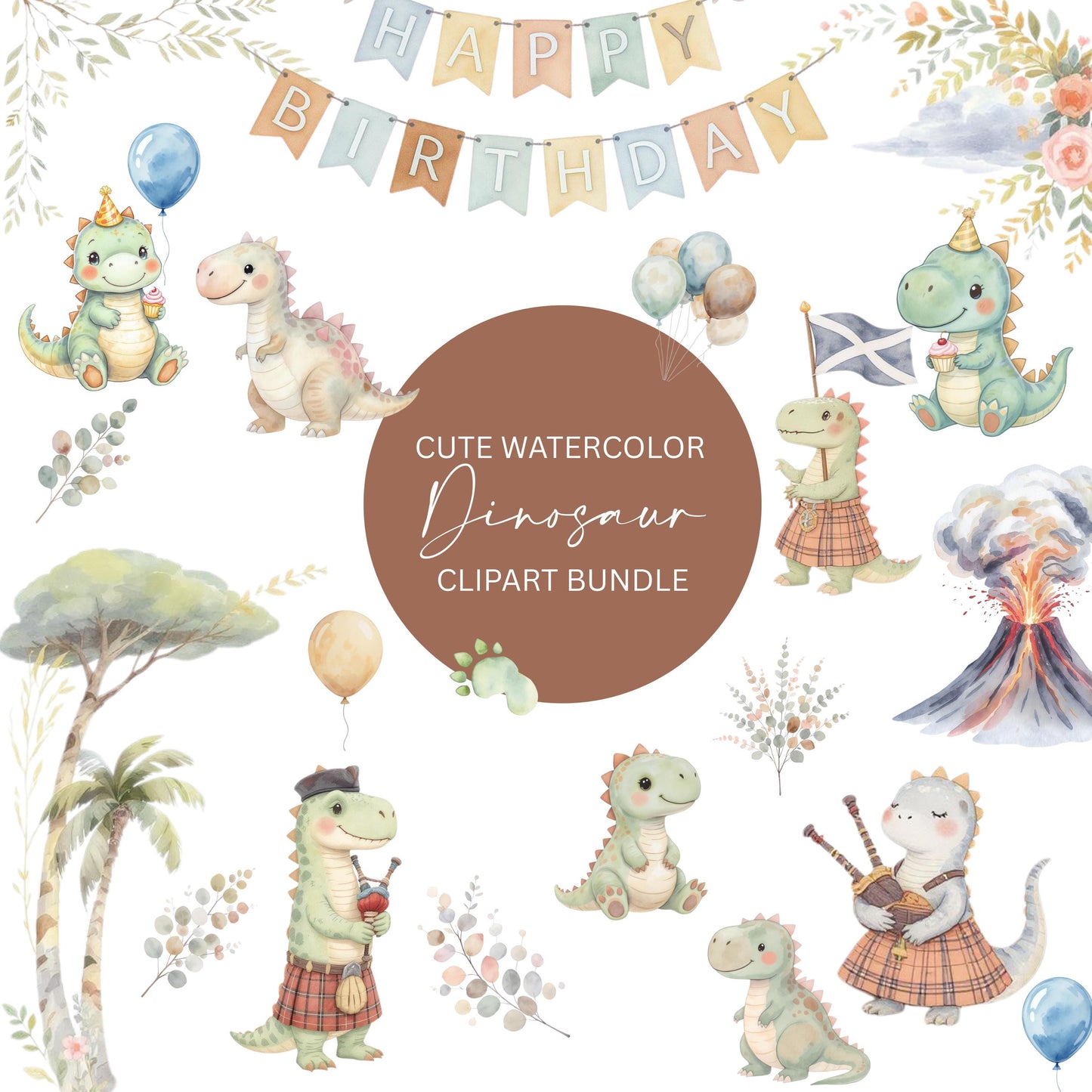 Clipart Bundle Watercolor Dinasour Cute Dino PNGs Balloons Trees & Florals Soft Pastel Nursery Art Graphics Kids Instant Download Canva