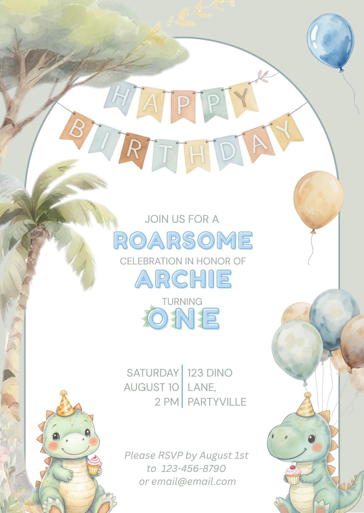 1st Birthday Invitation Customizable Dinosaur Editable Template Cute Watercolor Dino Party Invite for Boys or Girls Themed Birthday Canva