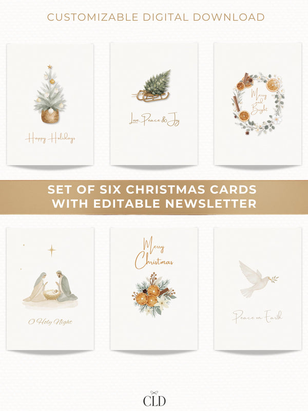 Set of six editable Christmas cards with customizable family newsletter templates, modern watercolor holiday bundle for print or digital sending