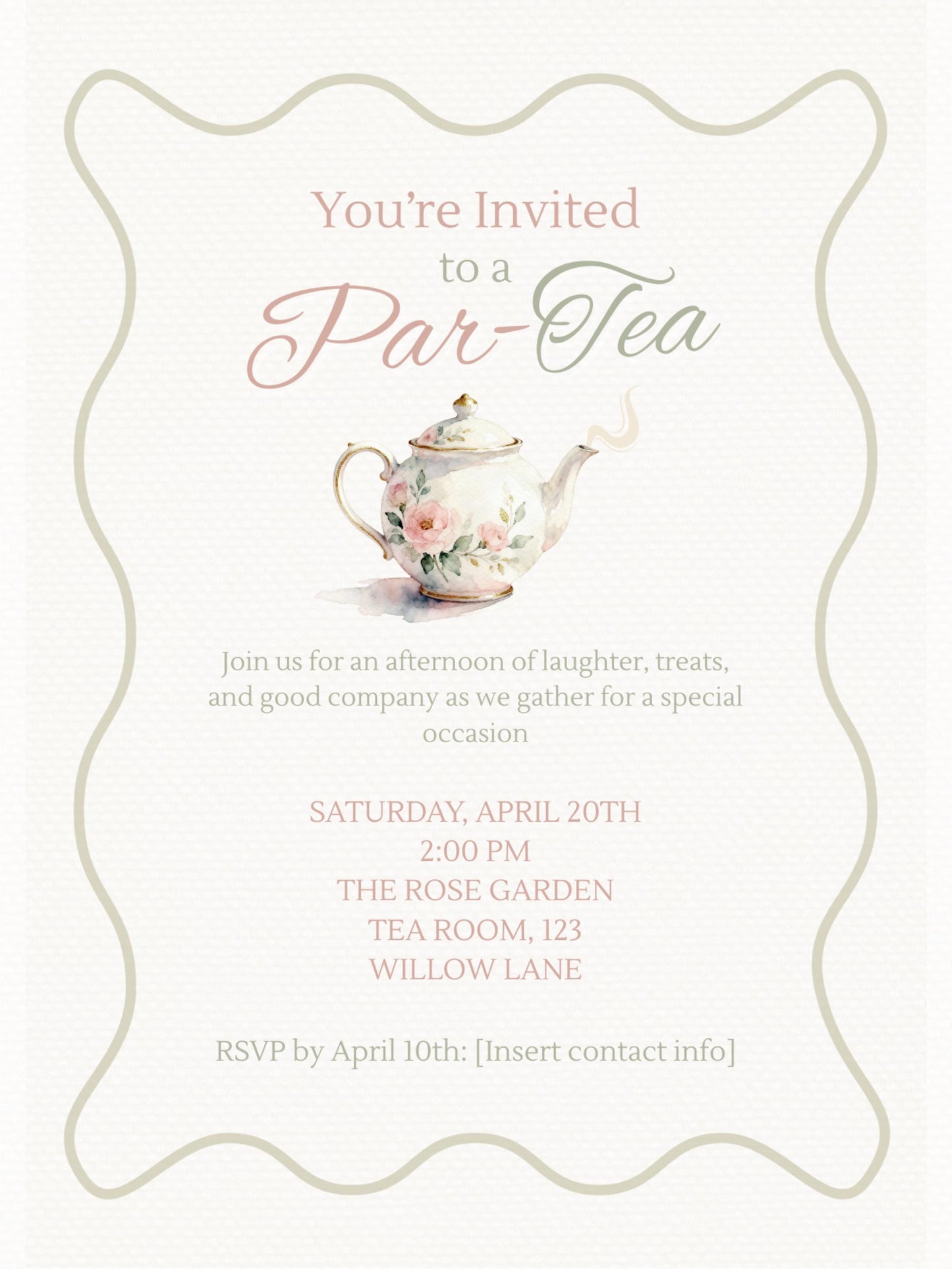 Editable Tea Party Invitation - Afternoon Tea, Birthday, Garden, Bridal Events Evite (Instant Download Printable Digital Canva Template)
