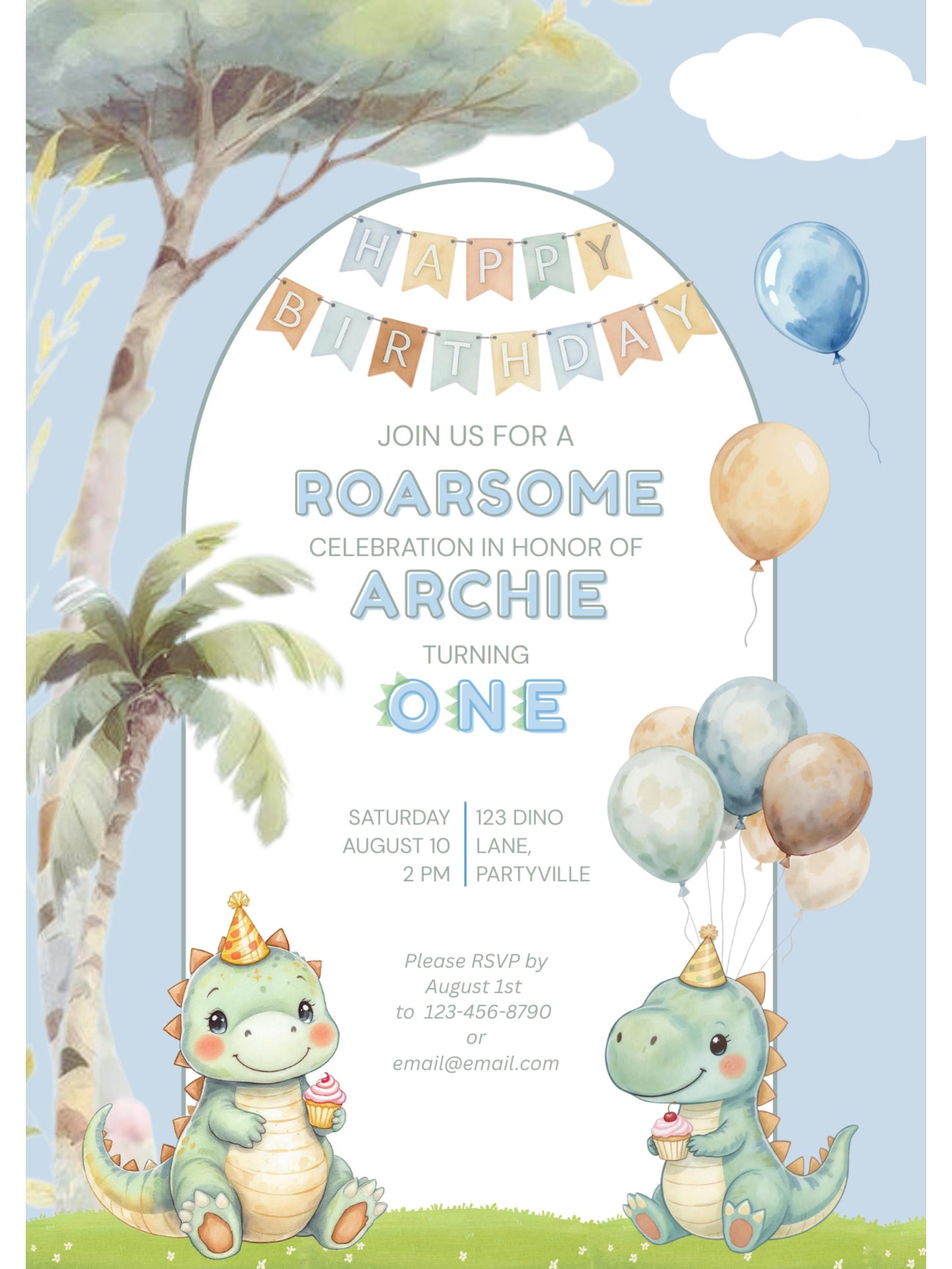 1st Birthday Dinosaur Invitation- Dino Themed (Editable Canva Template Instant Download) -Kids Birthday Party