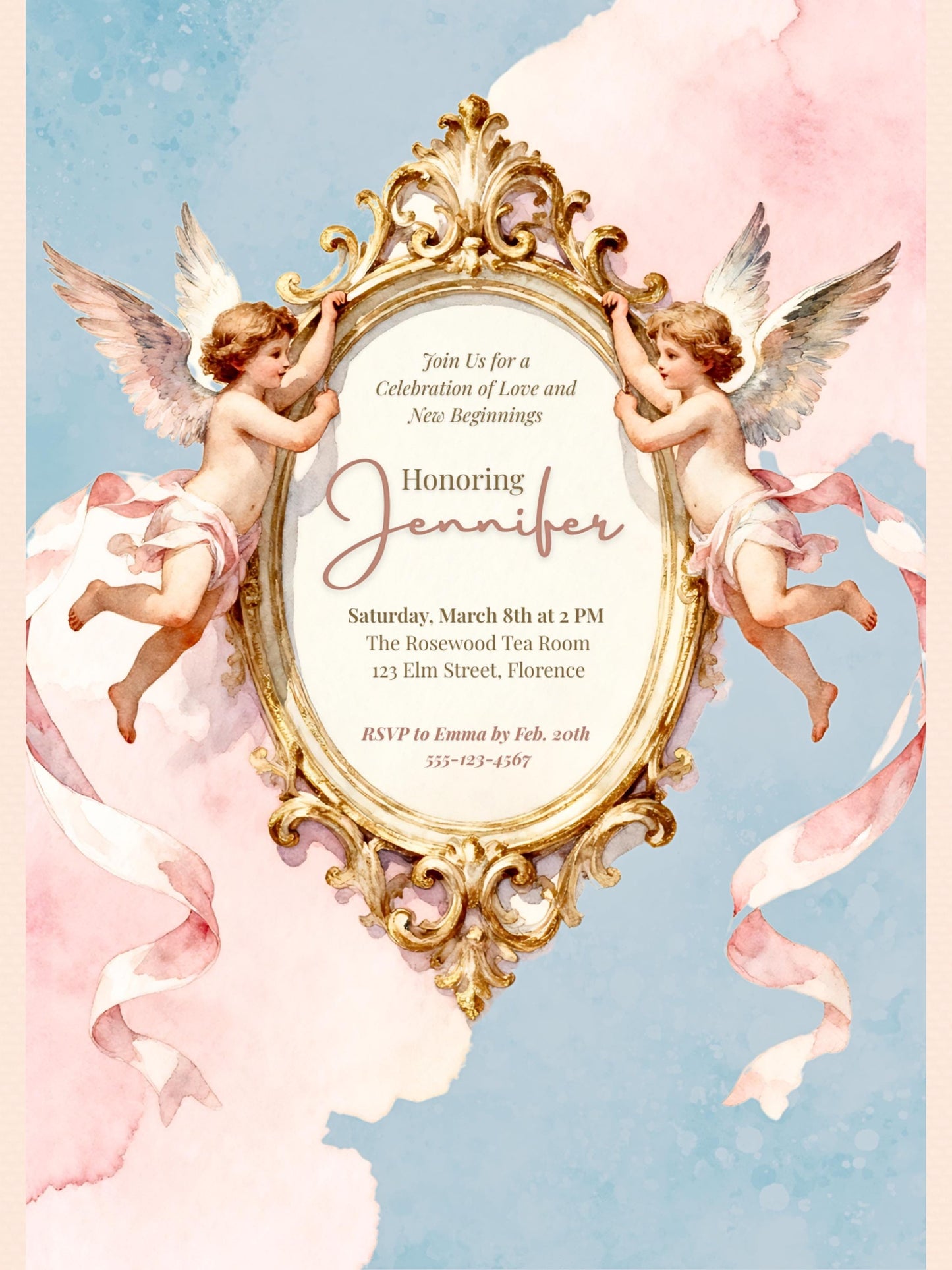 Rococo Cherub Baby Shower Invitation - Regencycore Printable Invite (Instant Download Editable Canva Template) Nesting Party Digital Evite