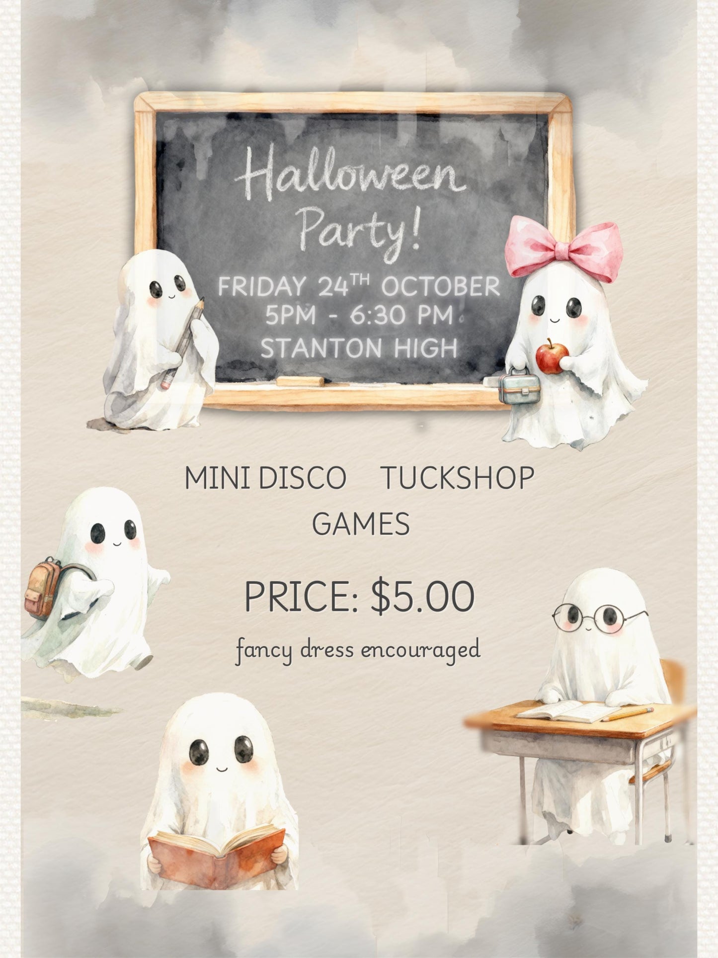 School Halloween Party Invitation Template - Editable Canva Halloween Invite - Cute Ghost Kids Party Flyer (Printable Digital Download)
