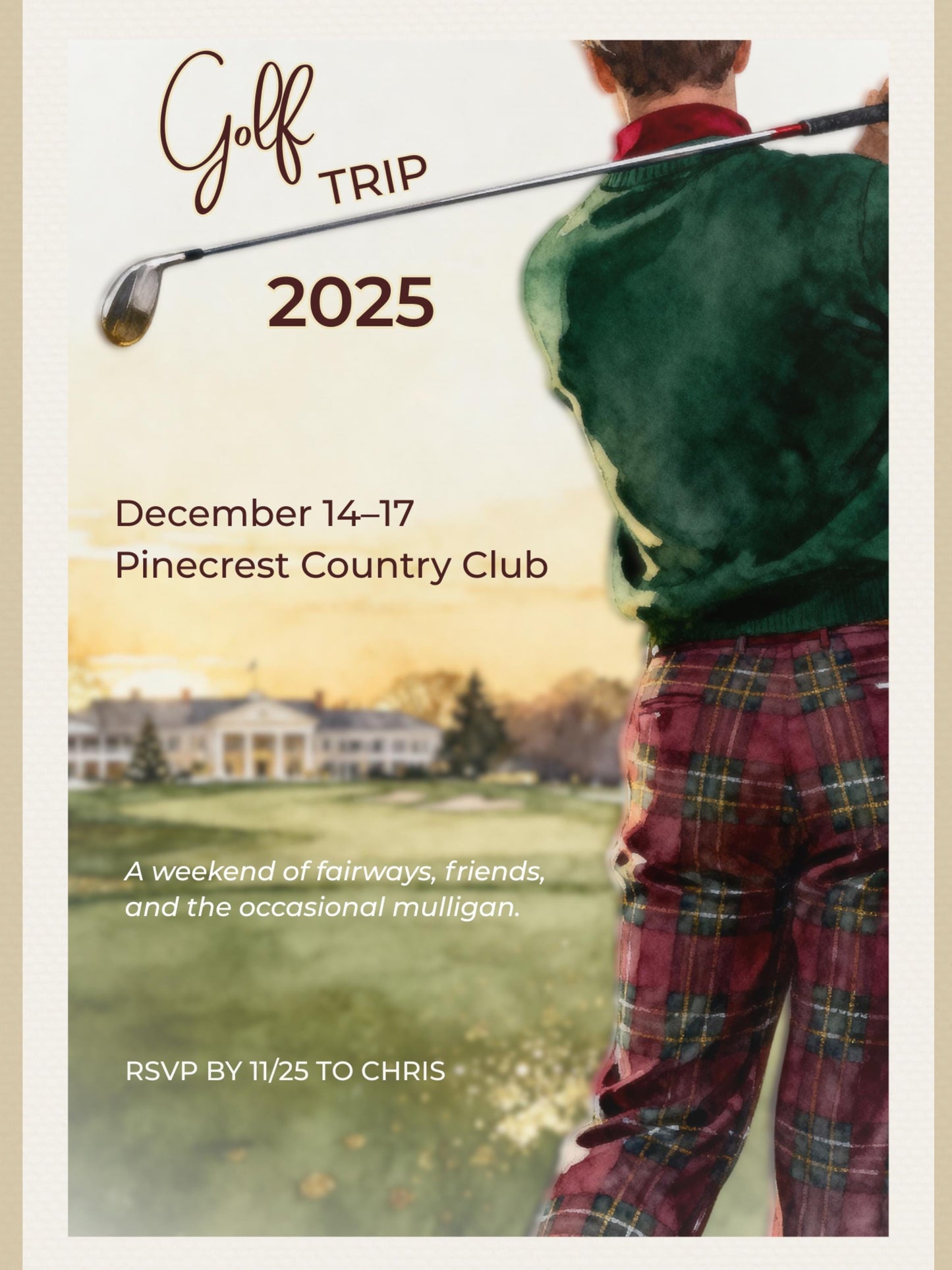 Golf Trip Invitation Template - Editable Canva Golfing Weekend Evite - Plaid Country Club Digital Instant Download Printable Invite