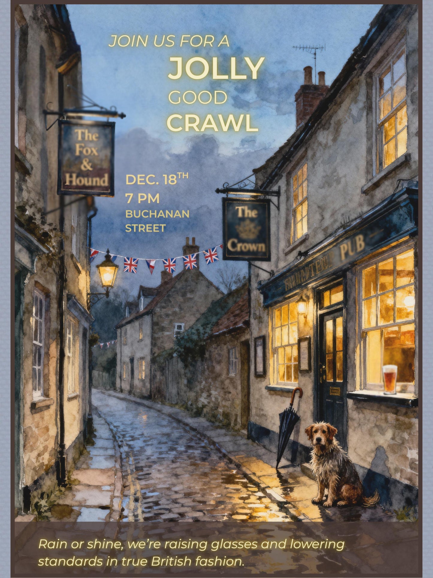 Pub Crawl Invitation Template - Printable British Watercolor Invite - Bar Hop Night Out Evite (Instant Download Editable Canva Template)