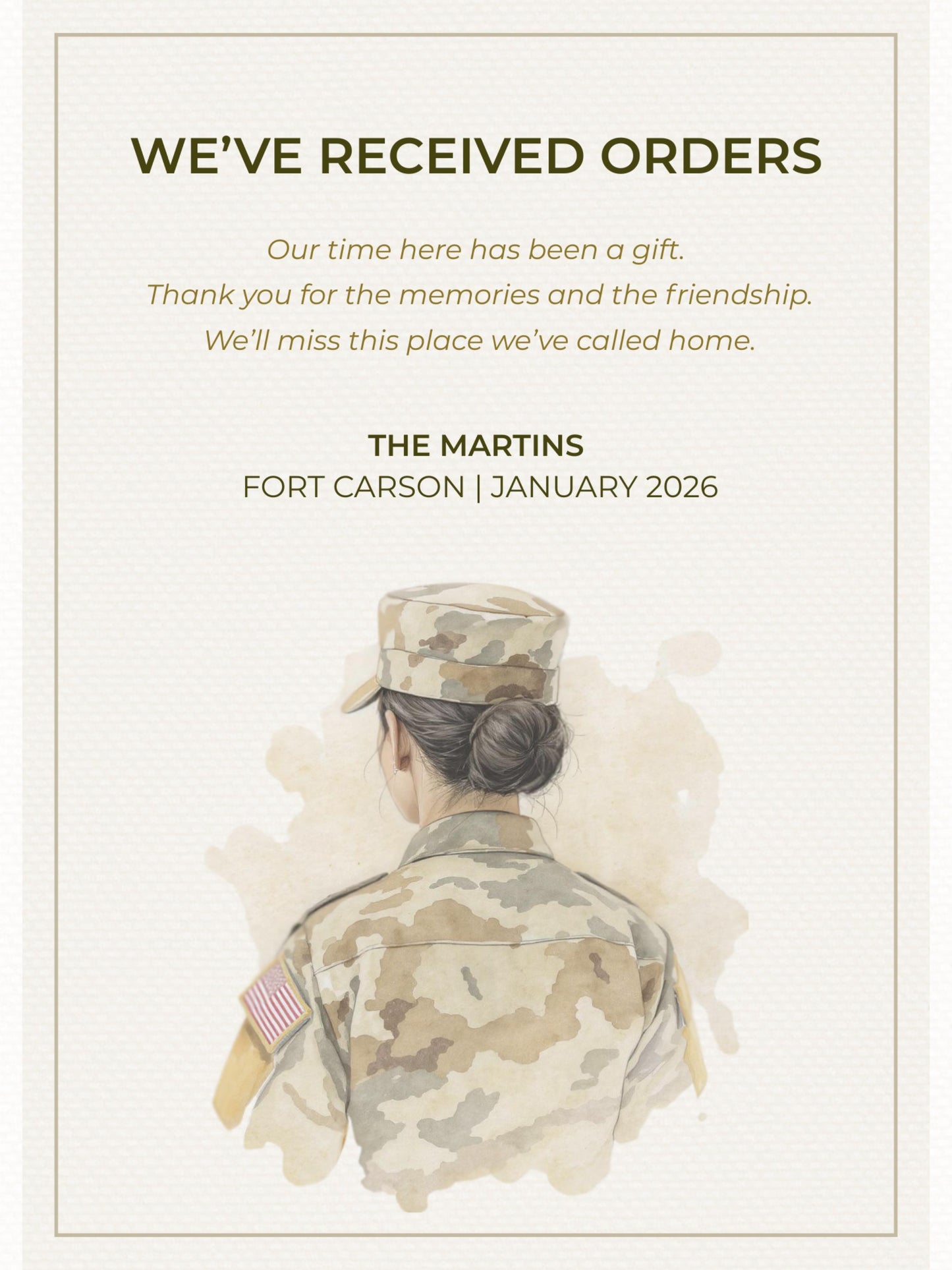 Military PCS Card - Moving Announcement - Custom Military Family Army Goodbye (Instant Download Editable Canva Template) New Orders Farewell