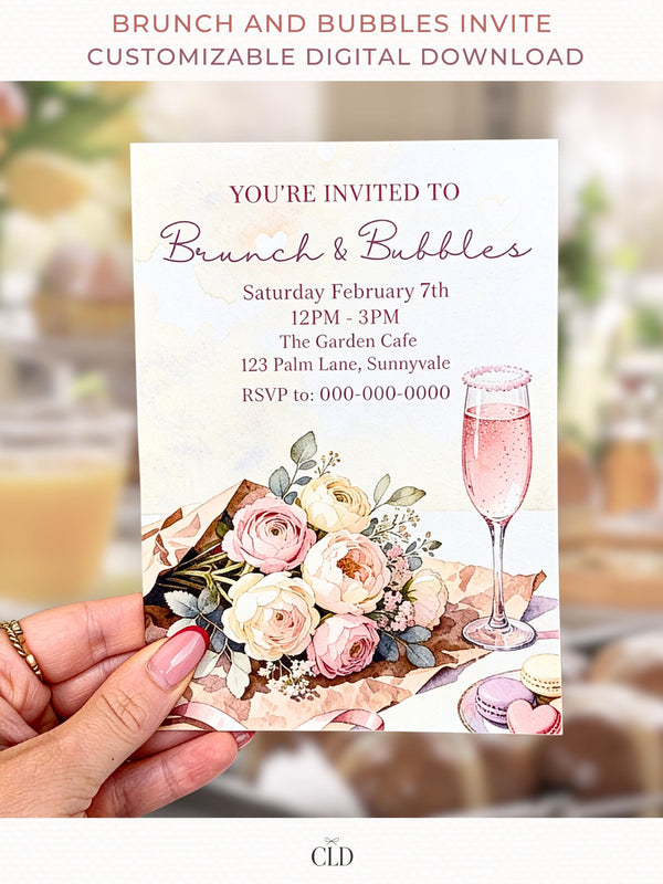 Printable brunch and bubbles invitation held in hand, featuring watercolor florals, a pink champagne flute, and elegant event details on a soft neutral background.