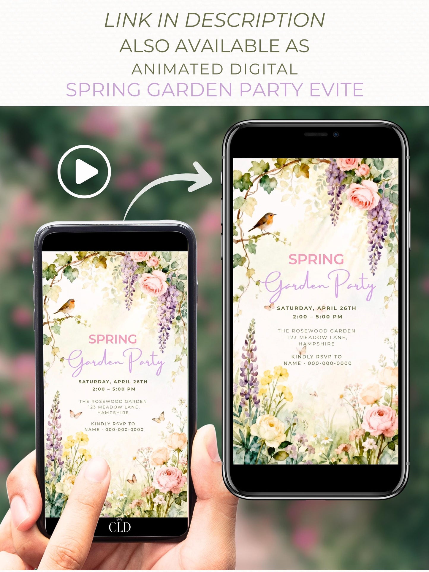 Printable Spring Garden Party Invite - Floral Brunch/Lunch Celebration Video Invitation (Editable Canva Digital Invite Evite)