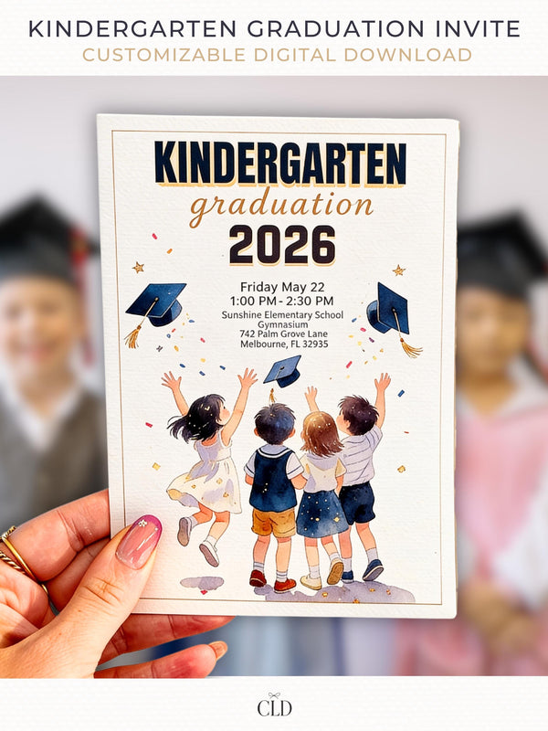 Printable kindergarten graduation invitation held in hand featuring watercolor children tossing graduation caps with navy blue and gold typography, editable Canva 5x7 graduation invite template.