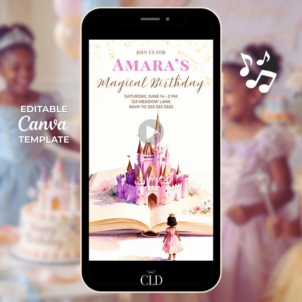 Animated princess birthday invitation video displayed on a phone showing a storybook opening to reveal a pink castle and a little princess walking toward it, magical fairytale themed digital birthday invitation.