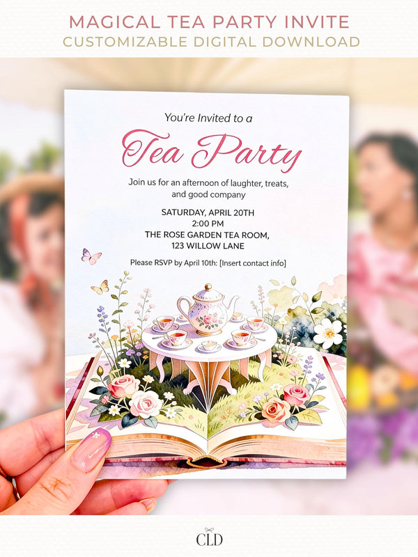 Printable tea party birthday invitation template featuring a watercolor tea set and flowers on an open storybook, editable in Canva and designed for a 5x7 card.