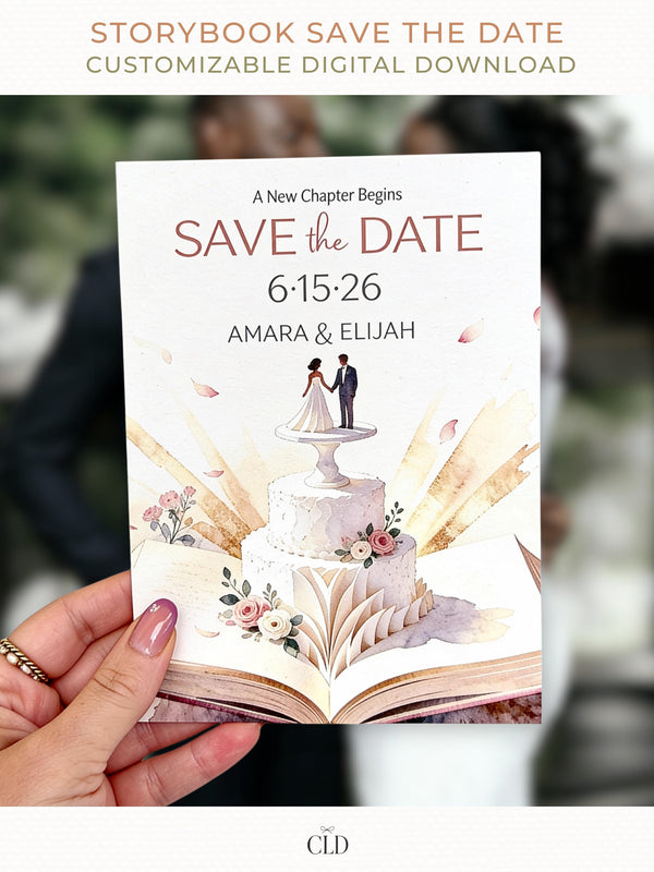 Printable storybook save the date wedding invitation featuring a bride and groom cake topper on a wedding cake emerging from an open book with watercolor flowers and golden light.