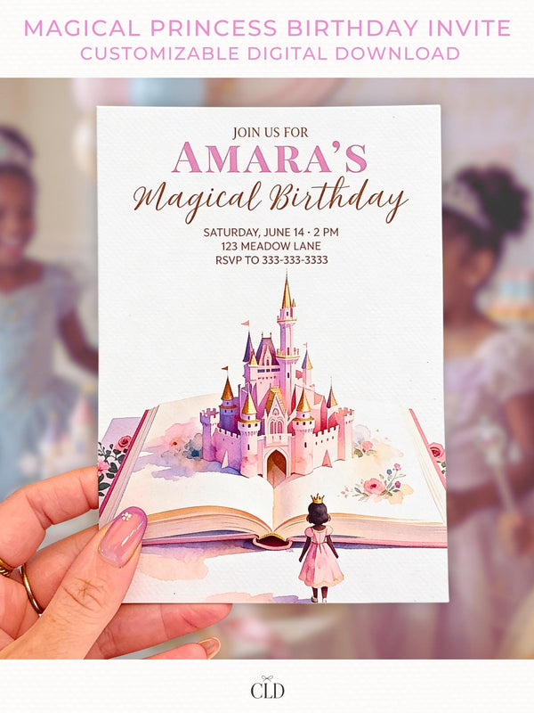 Printable Princess Birthday Invitation Dark Haired Girl - Storybook Magical Castle Party Evite (Editable Canva Digital Template Invite)