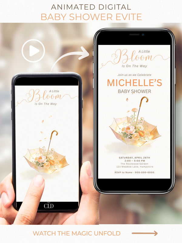 Elegant animated baby shower evite featuring a floral umbrella design with soft blooming flowers and drifting petals in warm neutral tones