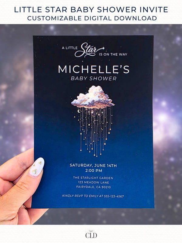 Printable baby shower invitation featuring a dark blue night sky with a glowing cloud and cascading stars, editable Canva little star baby shower invite design