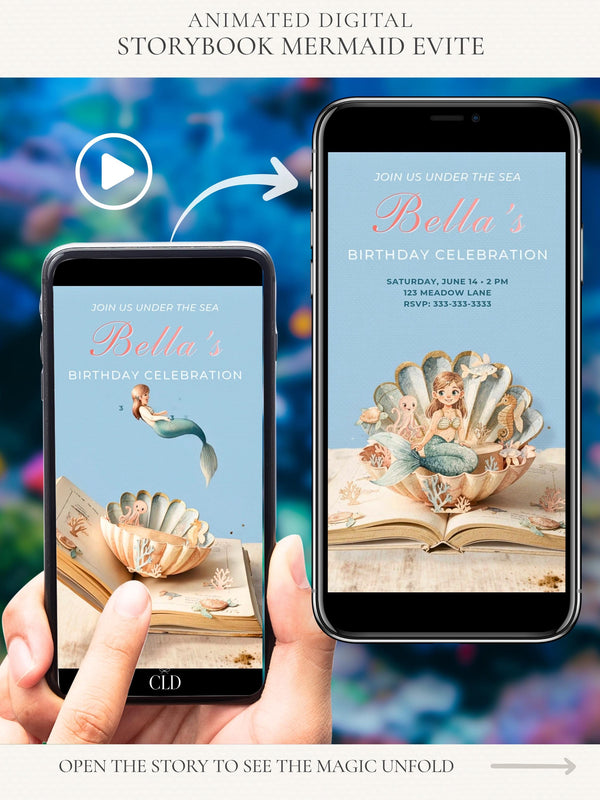 Animated storybook mermaid birthday evite displayed on a smartphone, featuring a mermaid jumping into a seashell inside an open book, editable Canva digital invitation