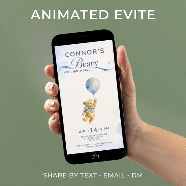 Animated teddy bear first birthday evite shown on a phone screen, featuring a soft watercolour bear holding a blue balloon with the number 1, on a dusty blue cloud background. Editable Canva template for a boy's first birthday party invitation, sent by text, email, or DM.