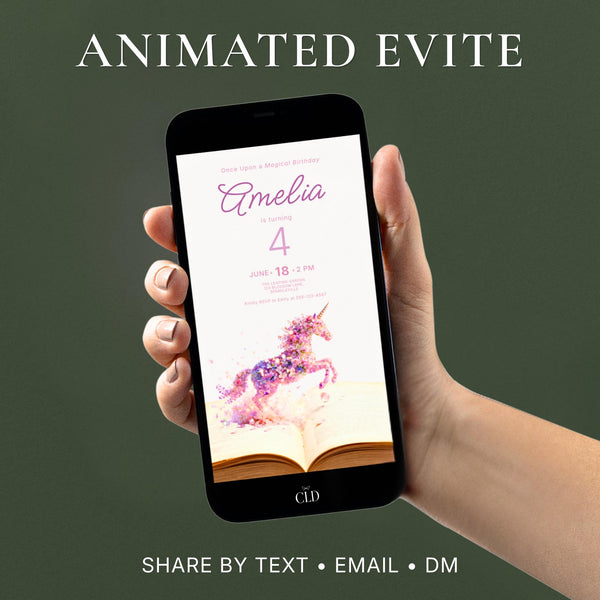 Animated Storybook Unicorn Birthday Invitation displayed on a phone mockup showing a watercolor unicorn made of flowers leaping softly from an open storybook, editable Canva video evite for a girl's magical or unicorn-themed birthday party.