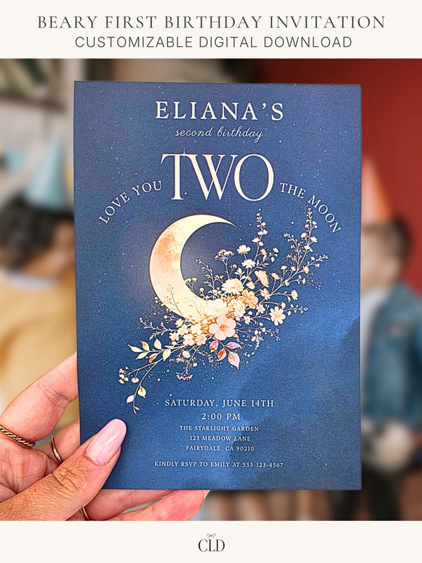 Printable Love You Two The Moon birthday invitation, golden crescent moon with watercolour wildflowers on a deep navy starry background. Editable Canva template, 5x7 size, ready to print at home or send to a print shop.