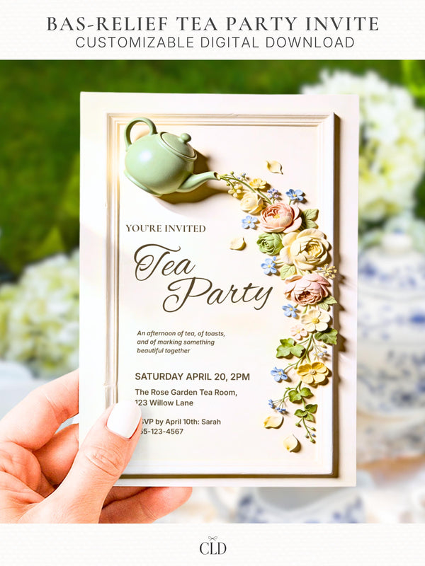 Printable tea party invitation held in hand, featuring a sculpted green teapot pouring a cascade of bas-relief flowers in blush, cream and blue. Editable 5x7 digital template for bridal shower, baby shower or brunch.