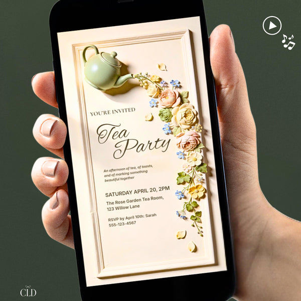 Animated tea party invitation displayed on a phone, featuring a sculpted green teapot pouring a cascade of bas-relief flowers in blush, cream and blue. Digital video evite for bridal shower, baby shower or garden brunch.