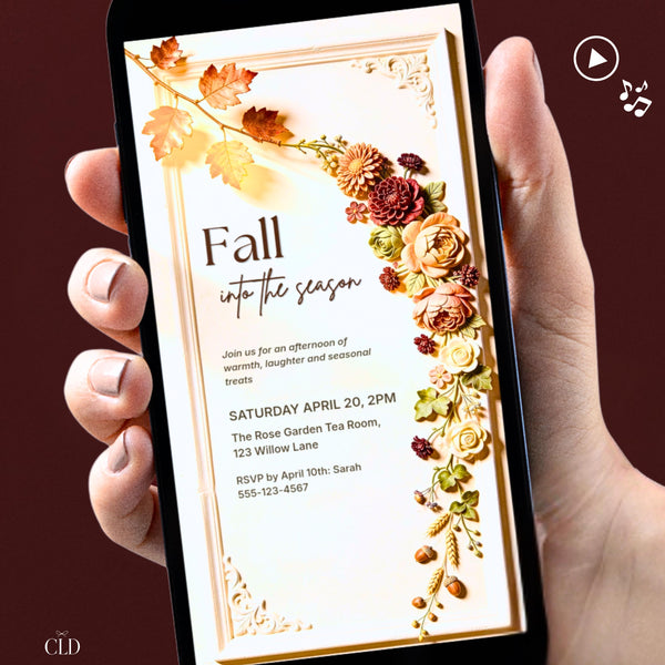 Animated fall invitation on a phone showing a 3D bas relief autumn floral arrangement with peach roses, burgundy dahlias, and gold oak leaves cascading down a cream sculpted frame. Music included. Editable Canva template for Friendsgiving and harvest gatherings.
