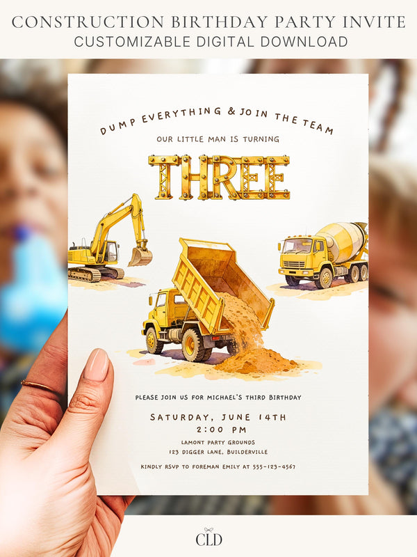 Three Construction Birthday Printable Invite, Dump Truck 3rd Bday 5x7 Invitation, Digger Editable Canva Template, Custom Boys Evite