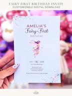 Printable Fairy First Birthday Invitation, Girl 1st Magical Watercolor Party Evite, Editable Canva Template Digital 5x7 Invite