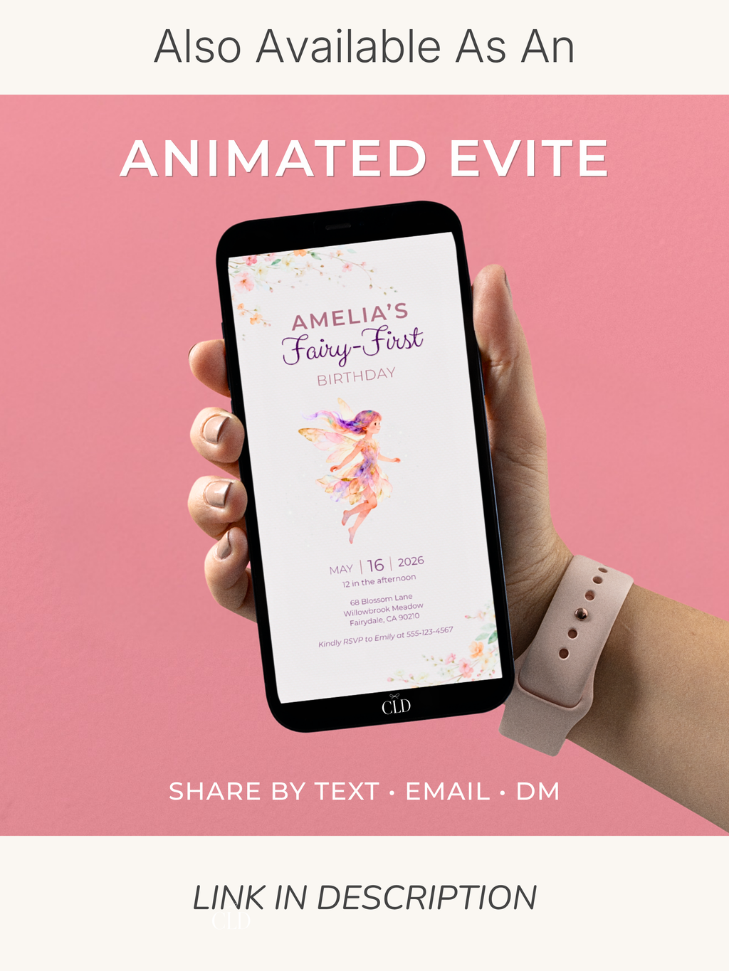 Printable Fairy First Birthday Invitation, Girl 1st Magical Watercolor Party Evite, Editable Canva Template Digital 5x7 Invite