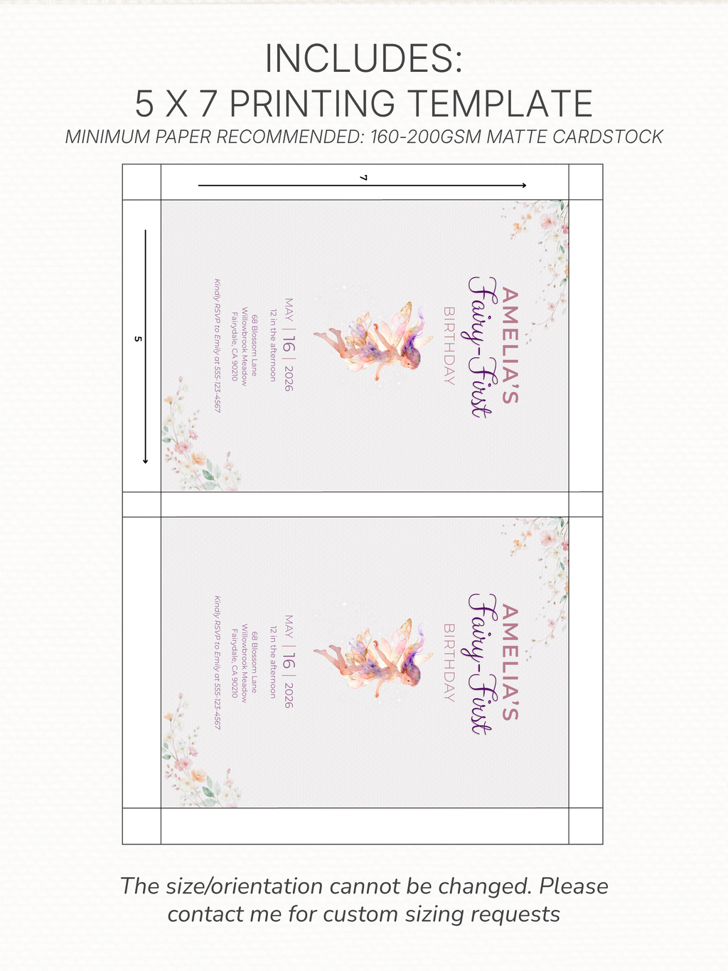 Printable Fairy First Birthday Invitation, Girl 1st Magical Watercolor Party Evite, Editable Canva Template Digital 5x7 Invite
