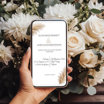 Modern Pampas Grass Wedding Invitation Template – Elegant Minimalist Editable Invite, Boho Neutral Wedding, Instant Download Canva Template