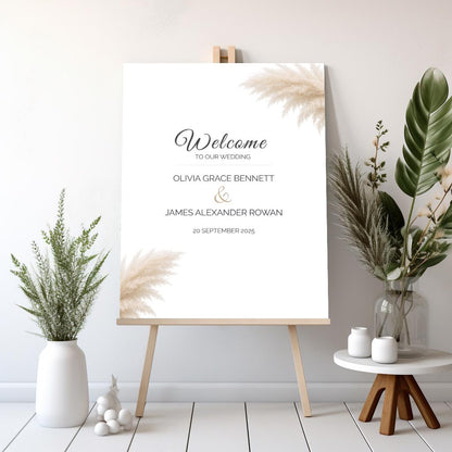 Wedding Welcome Sign Template Editable - Pampas Grass Boho Printable - Canva Wedding Sign - Elegant Modern Signage