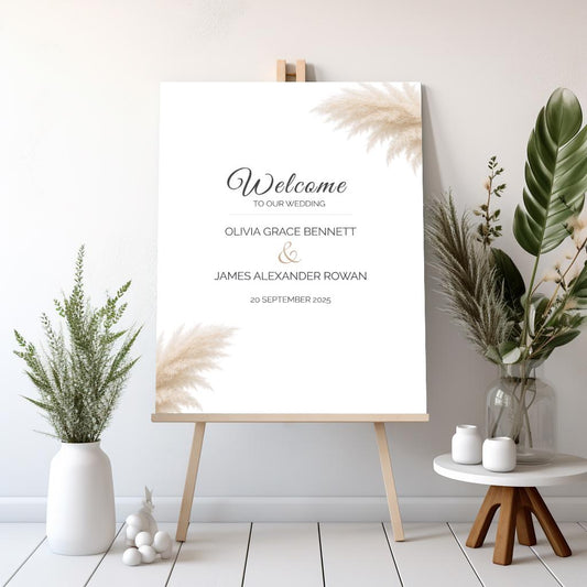 Wedding Welcome Sign Template Editable - Pampas Grass Boho Printable - Canva Wedding Sign - Elegant Modern Signage