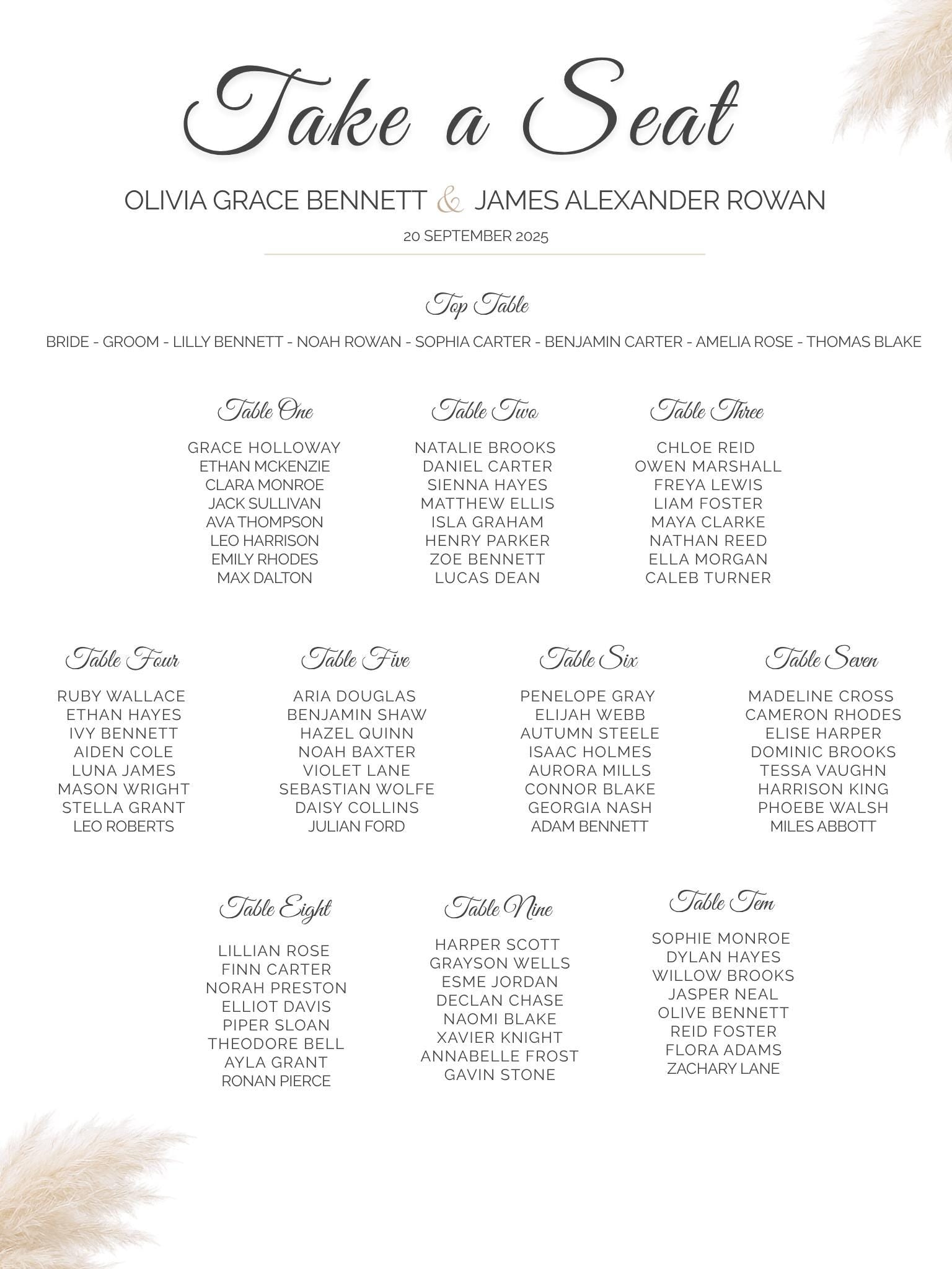 Wedding Seating Chart Template Editable - Pampas Grass Canva Sign - Boho Neutral Table Plan - Printable Wedding Signage