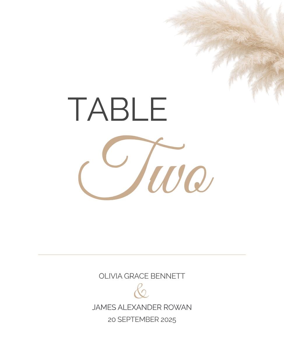 Wedding Table Number Template Editable - Pampas Grass Boho Table Sign - Canva Printable - Neutral Minimalist Wedding Decor