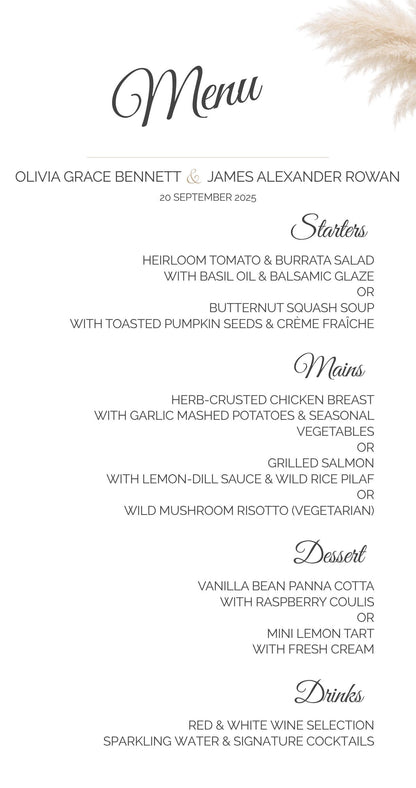 Wedding Menu Template Editable - Pampas Grass Boho Canva Design - Printable Neutral Wedding Dinner Menu - Modern Reception Sign