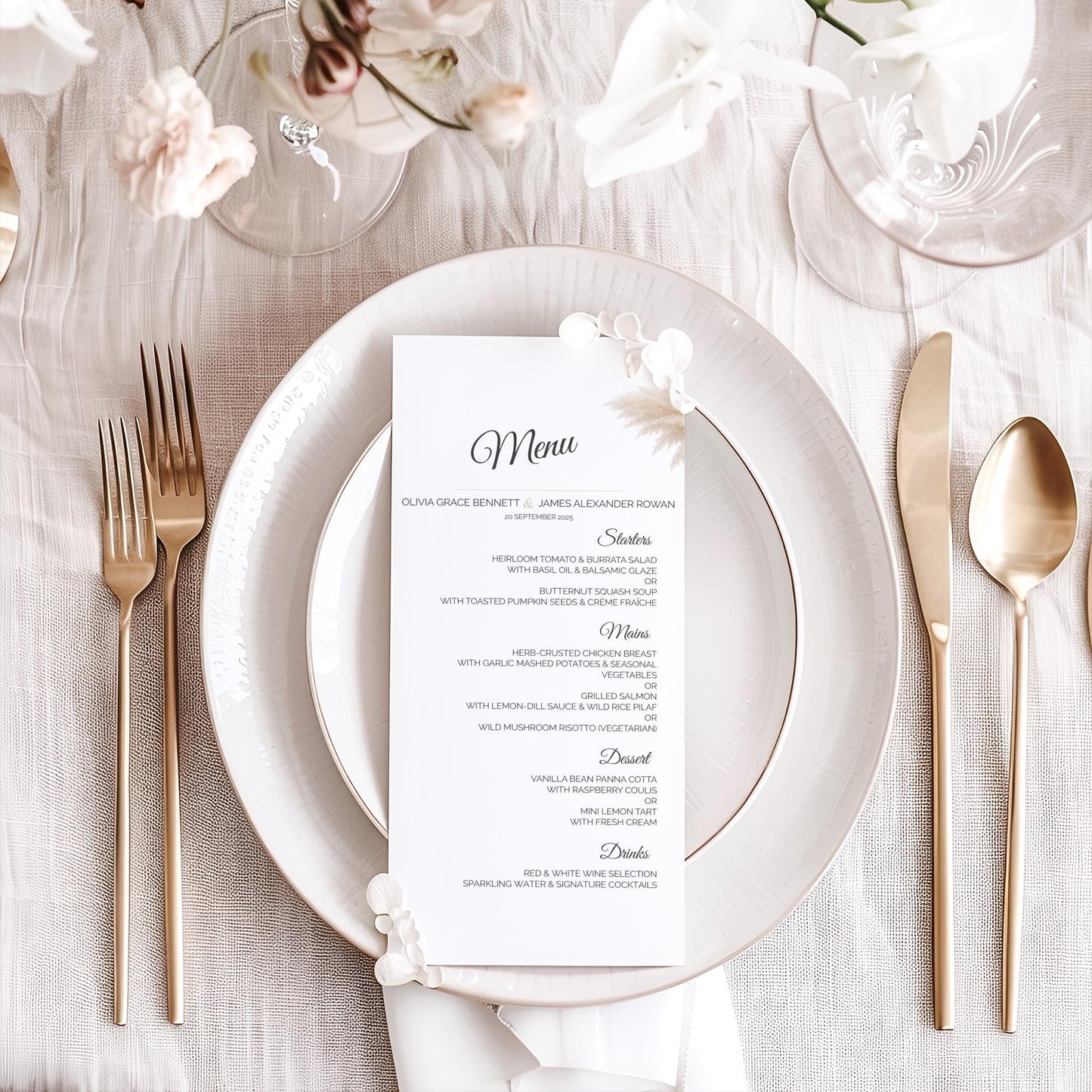 Wedding Menu Template Editable - Pampas Grass Boho Canva Design - Printable Neutral Wedding Dinner Menu - Modern Reception Sign