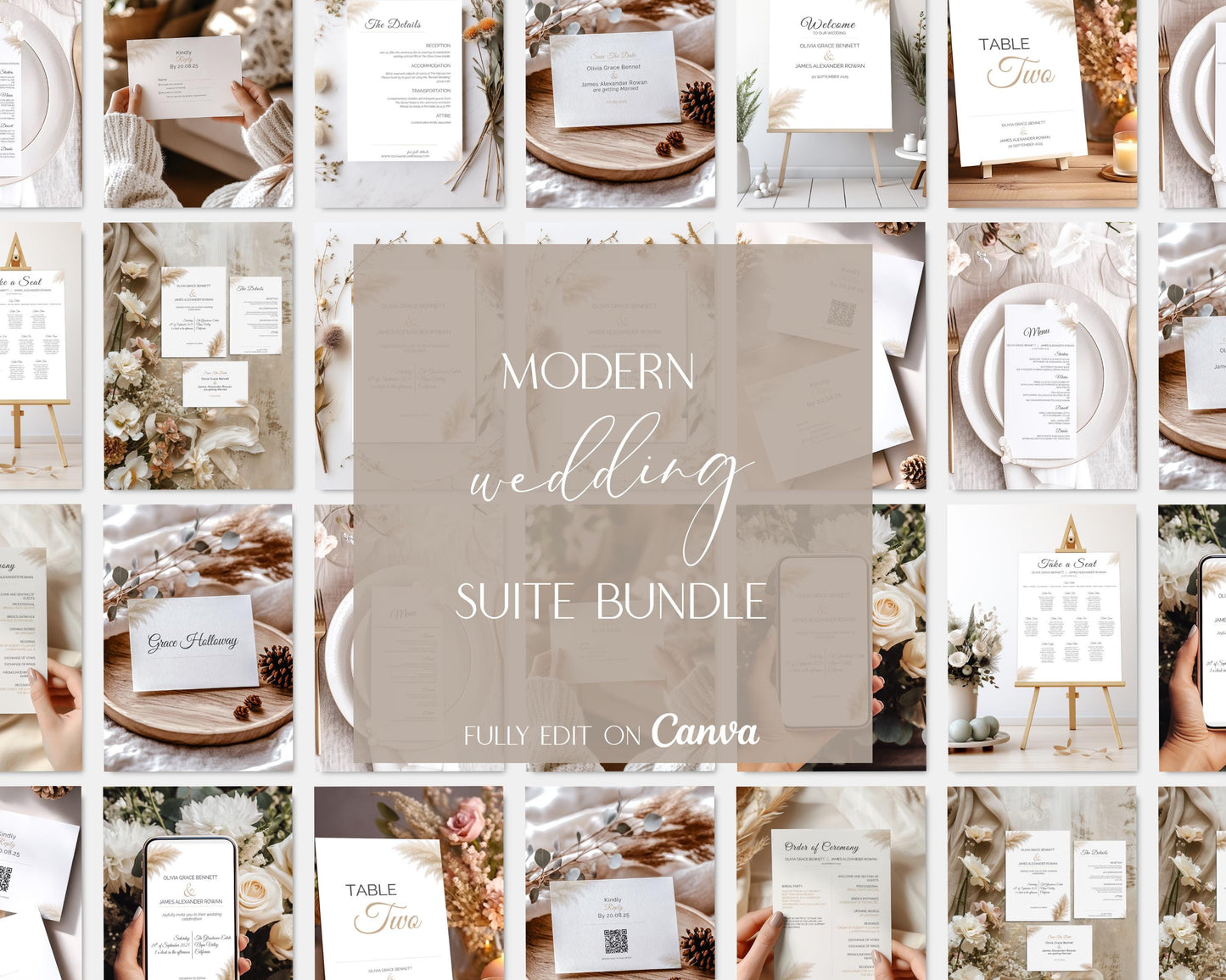 Modern Wedding Invitation Suite Canva Template – Minimalist Editable Bundle - RSVP, Menu, Welcome Sign, Seating Chart