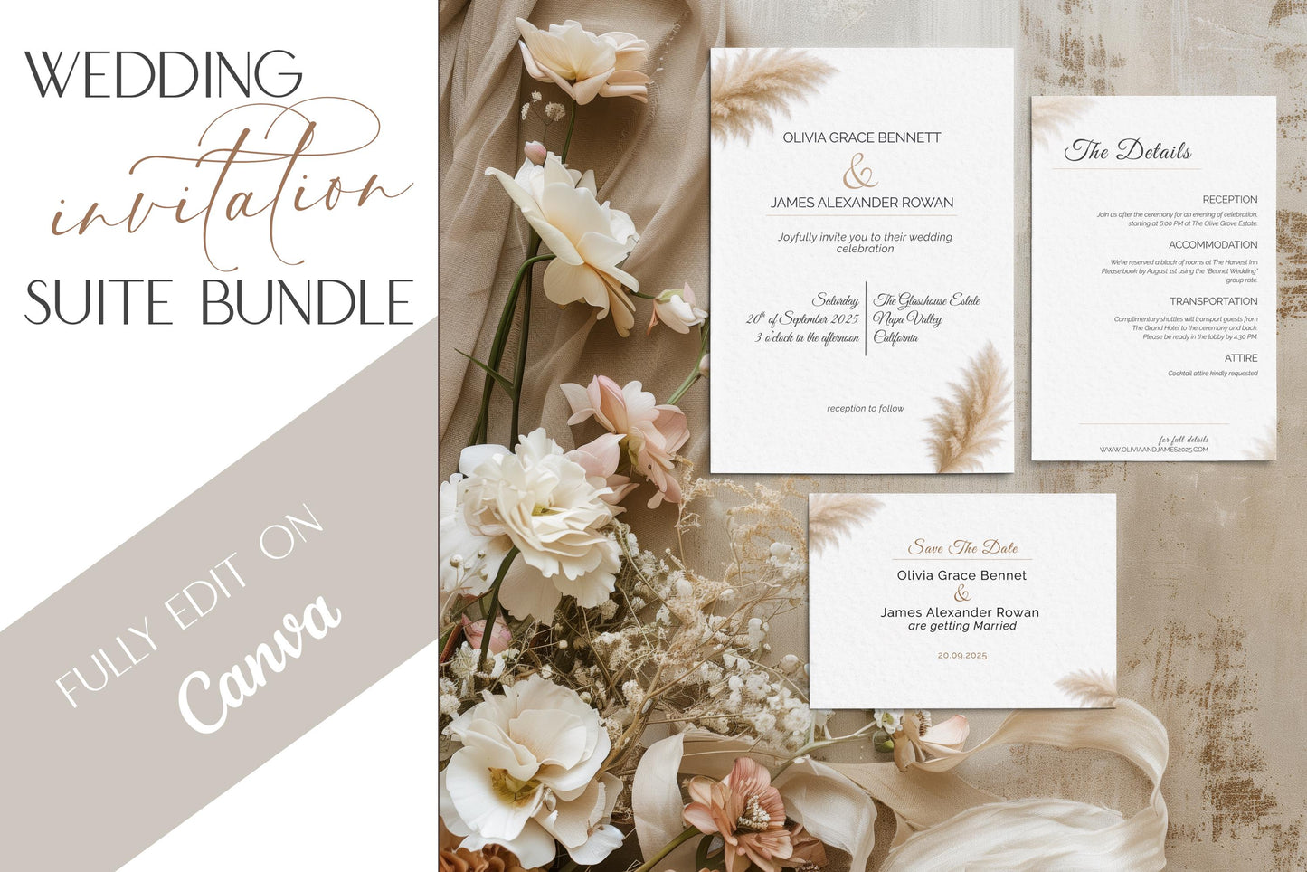 Modern Wedding Invitation Suite Bundle – Editable Canva Template - Save the Date, RSVP, Details & Invitation Card