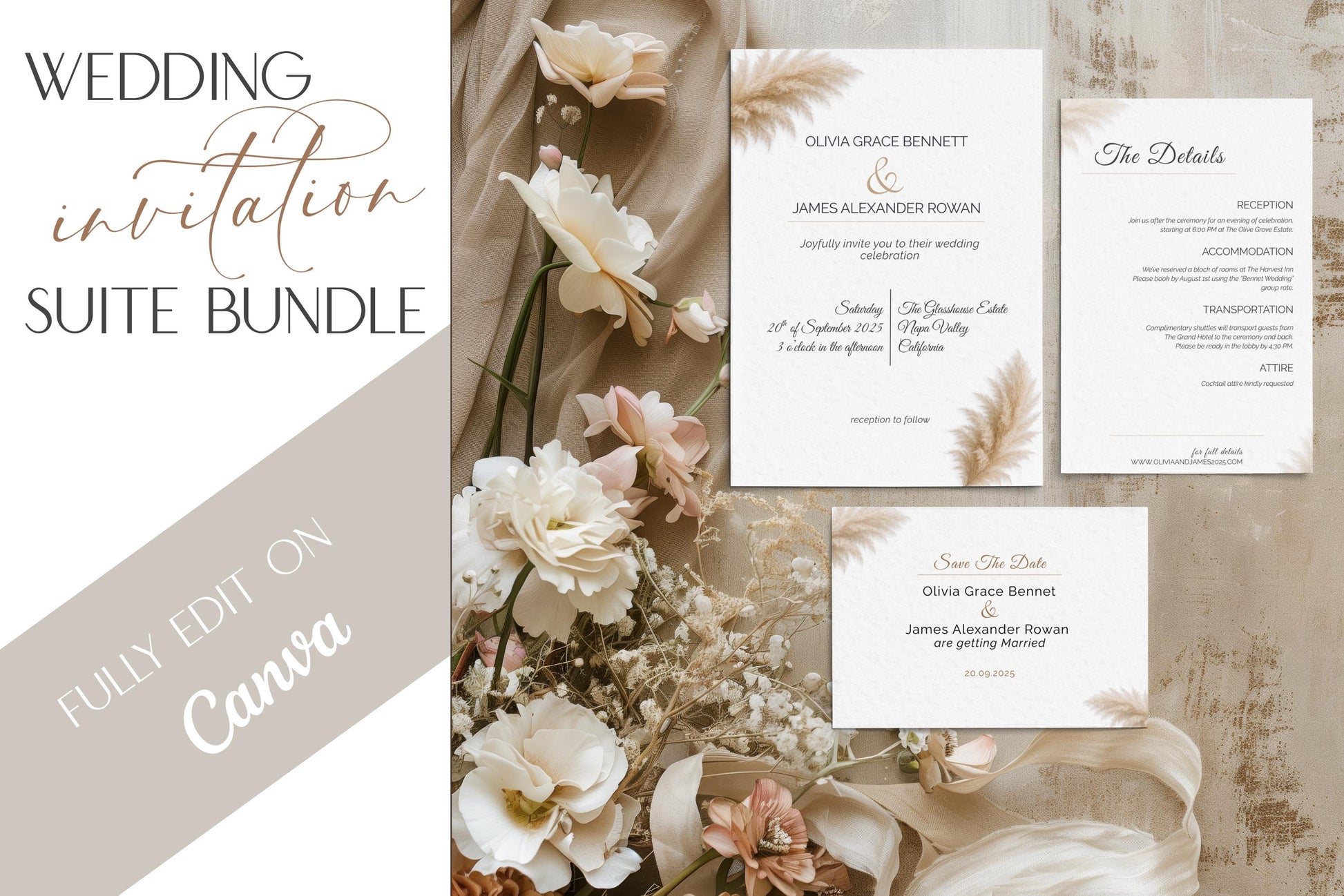 Modern Wedding Invitation Suite Bundle – Editable Canva Template - Save the Date, RSVP, Details & Invitation Card
