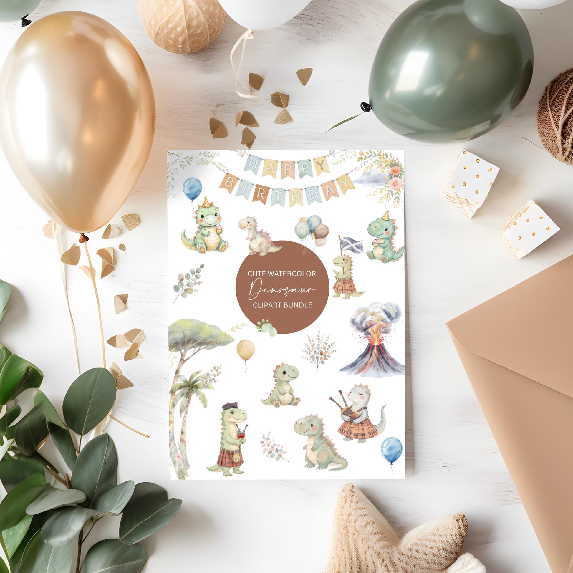 Clipart Bundle Watercolor Dinasour Cute Dino PNGs Balloons Trees & Florals Soft Pastel Nursery Art Graphics Kids Instant Download Canva