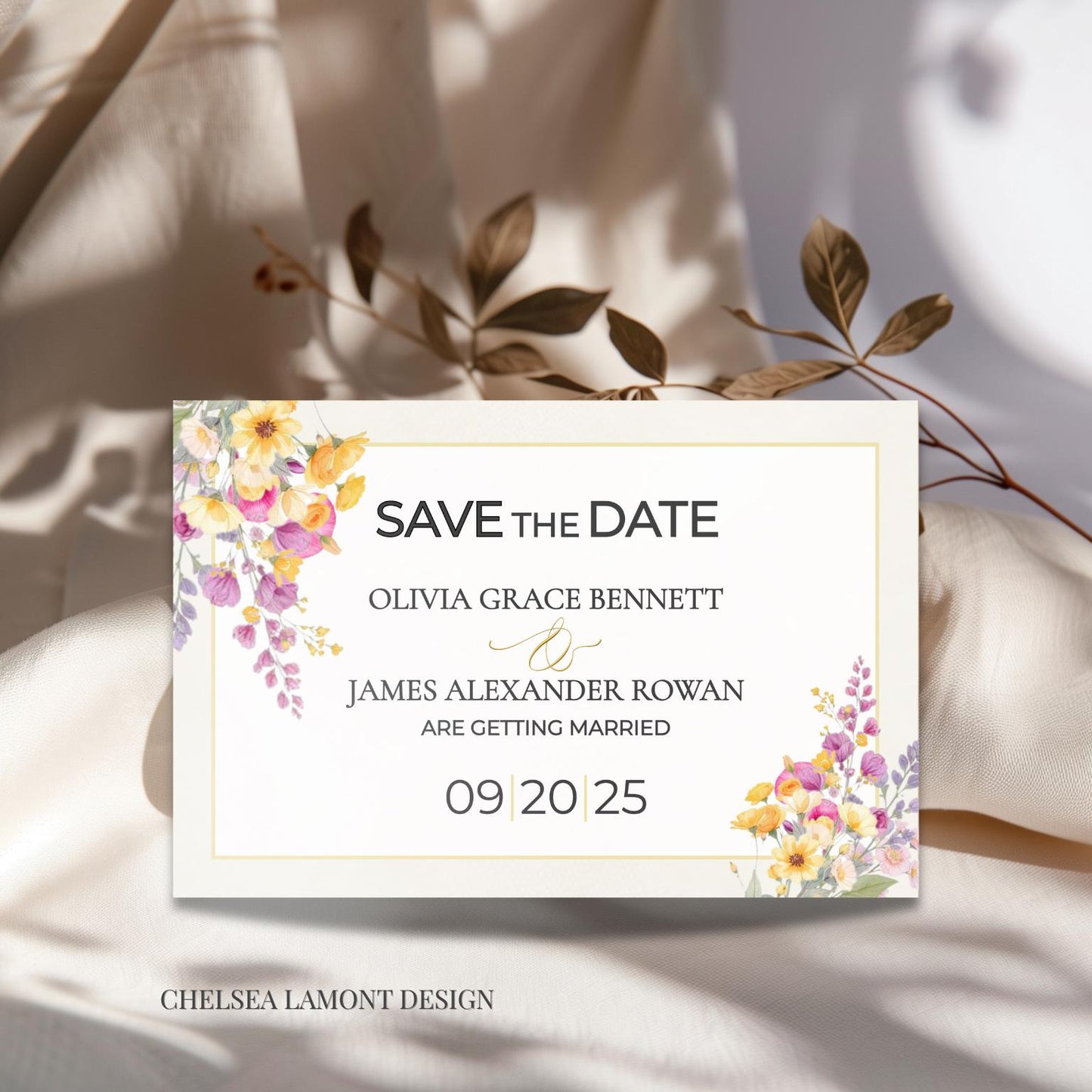 Digital Save Date Floral Template Watercolor Design Wedding Invitation Gold Border Modern Font Template DIY Download Bride Card Customizable