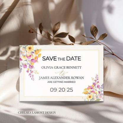 Digital Save Date Floral Template Watercolor Design Wedding Invitation Gold Border Modern Font Template DIY Download Bride Card Customizable