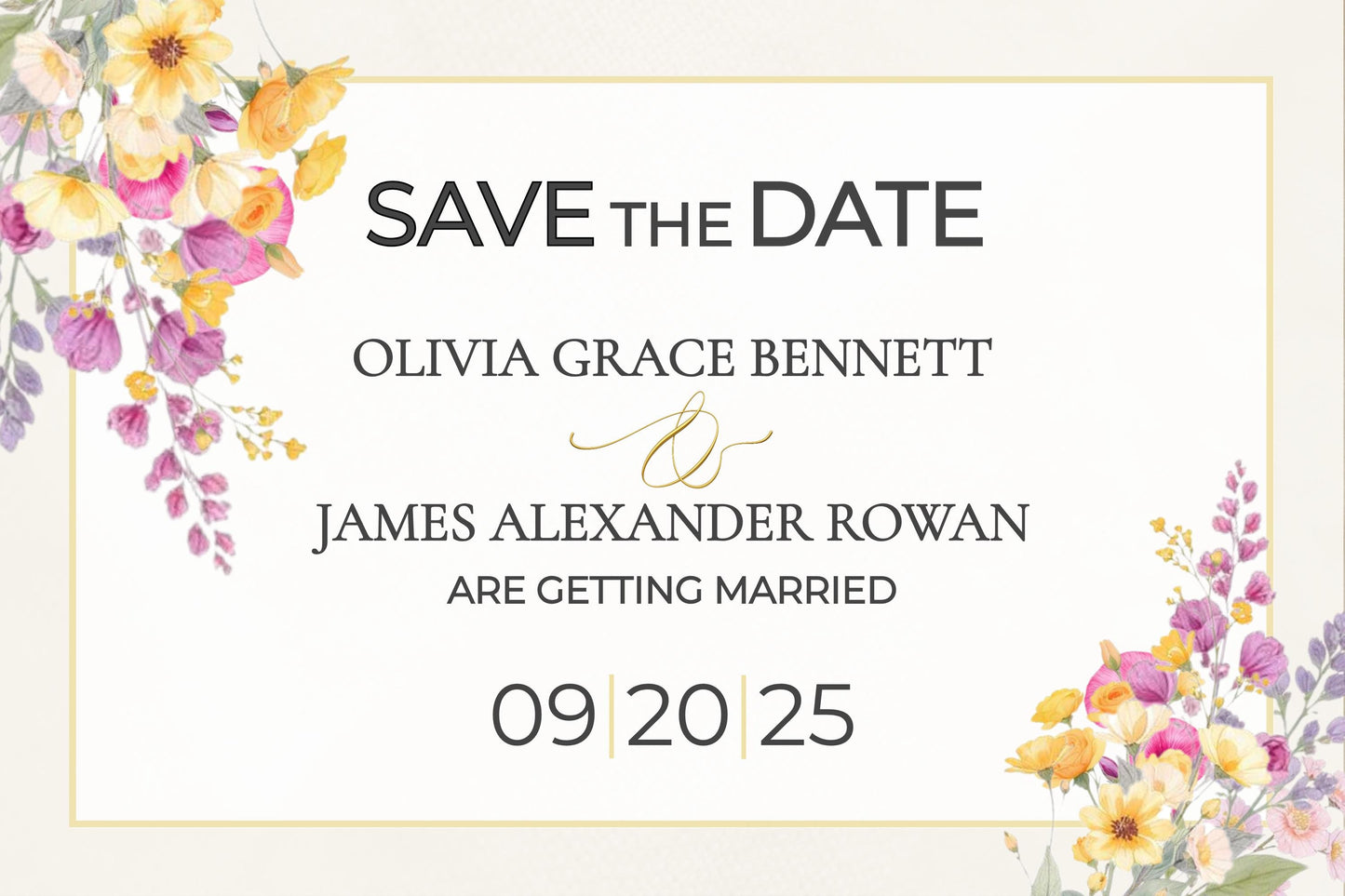 Digital Save Date Floral Template Watercolor Design Wedding Invitation Gold Border Modern Font Template DIY Download Bride Card Customizable