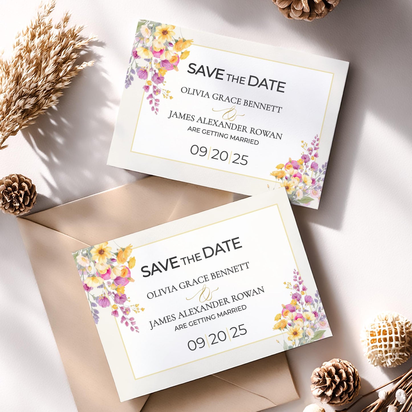 Digital Save Date Floral Template Watercolor Design Wedding Invitation Gold Border Modern Font Template DIY Download Bride Card Customizable