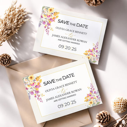 Digital Save Date Floral Template Watercolor Design Wedding Invitation Gold Border Modern Font Template DIY Download Bride Card Customizable