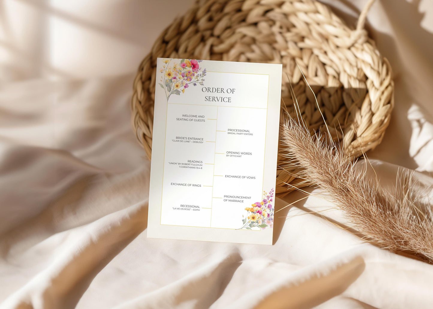 Wedding Ceremony Program Template Design Floral Accent Gold Detail Wedding Template Canva Edit Service Outline Ceremony Order Card Printable