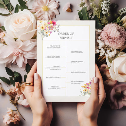 Wedding Ceremony Program Template Elegant Floral Design Watercolor Collection Custom Digital Download Beautiful Gold Accent Details Romantic Wedding Guide Complete Service Order Template Customizable Text Layout Modern Wedding Essential